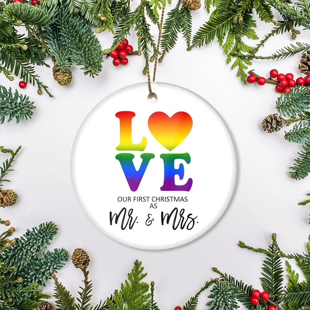 LGBT LOVE Christmas Ornament First Christmas Mrs & Mrs Wedding Present Lesbian Married Couple Gay Women First Holiday Marriage Rainbow | siriusteestore