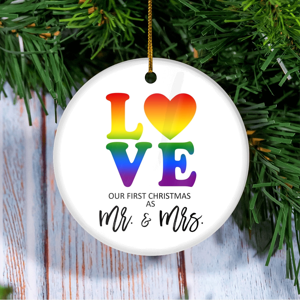 LGBT LOVE Christmas Ornament First Christmas Mrs & Mrs Wedding Present Lesbian Married Couple Gay Women First Holiday Marriage Rainbow | siriusteestore