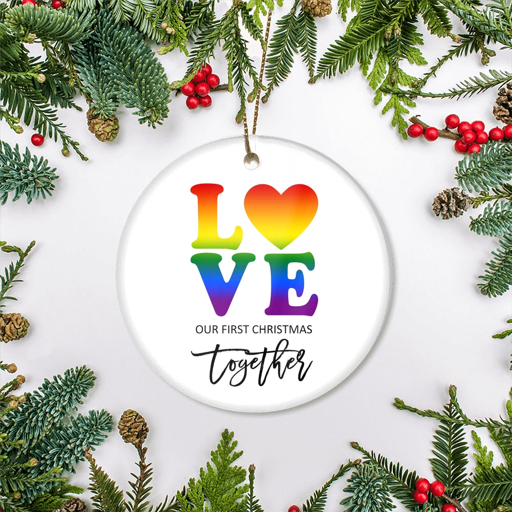 LGBT LOVE Christmas Ornament Our First Holiday Together Gifts Boyfriend Girlfriend Gay Couple Pride Partners 1st Christmas Rainbow | siriusteestore