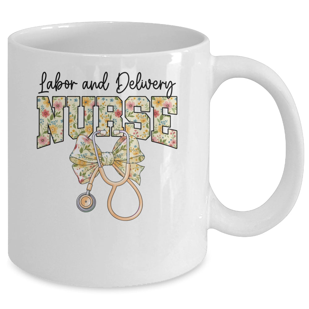 Labor And Delivery Nurse Stethoscope Coquette Bow Graduation Mug | siriusteestore