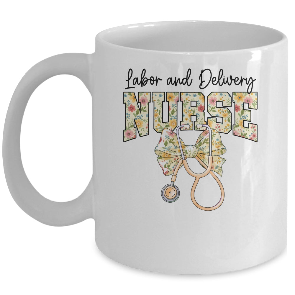 Labor And Delivery Nurse Stethoscope Coquette Bow Graduation Mug | siriusteestore