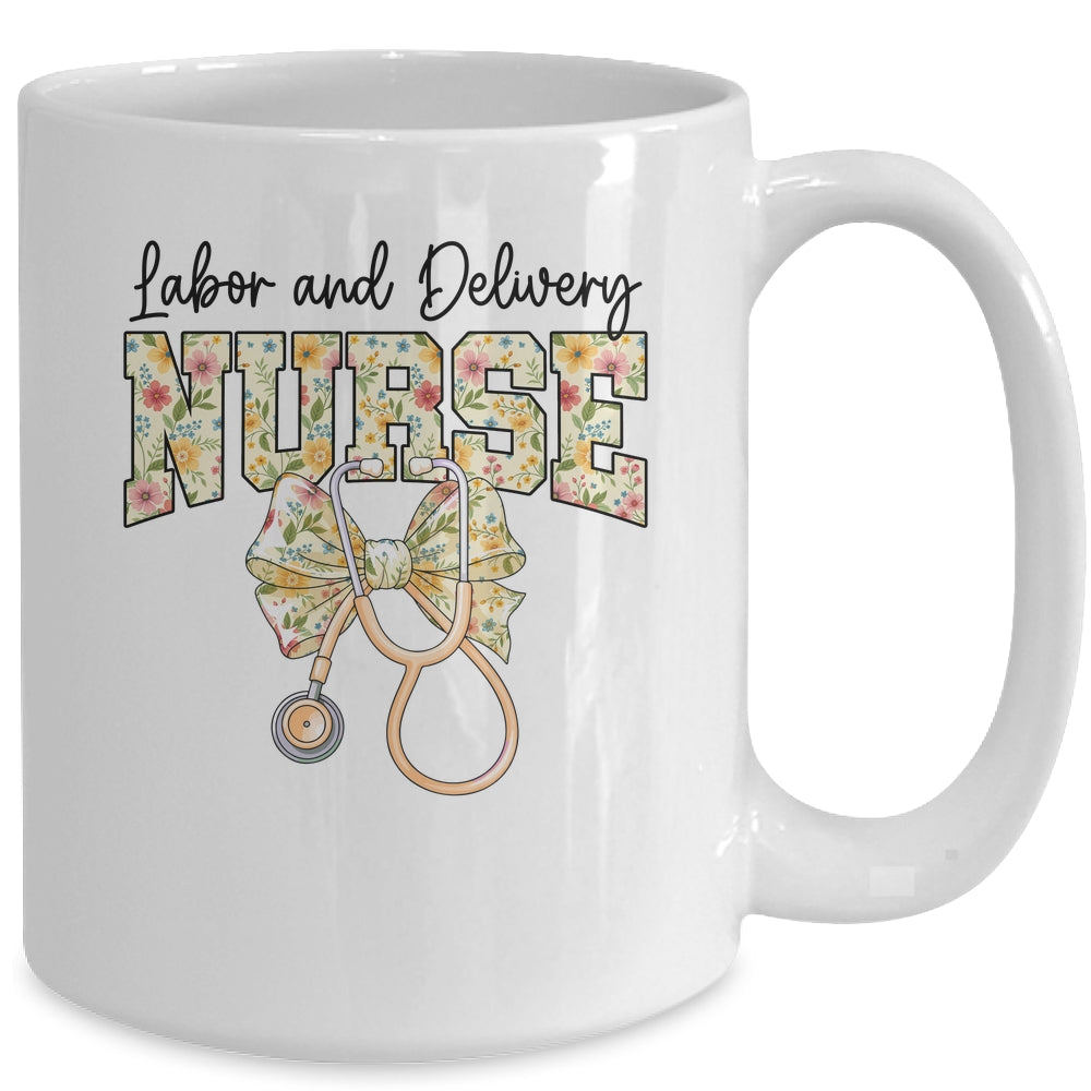 Labor And Delivery Nurse Stethoscope Coquette Bow Graduation Mug | siriusteestore