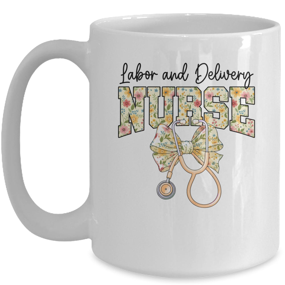 Labor And Delivery Nurse Stethoscope Coquette Bow Graduation Mug | siriusteestore