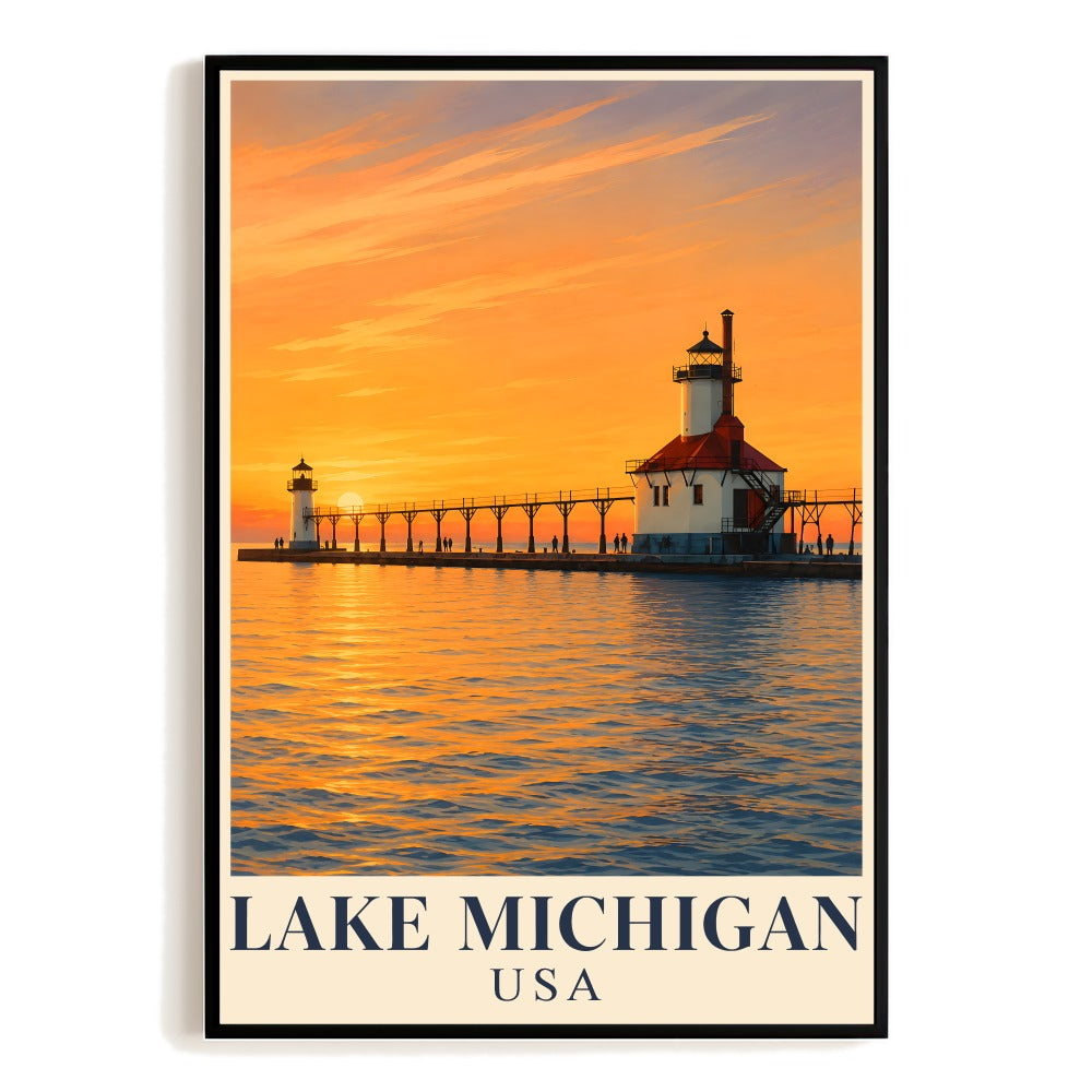 Lake Michigan Travel Poster Vintage Lighthouse Sunset Lake Wall Art Landscape Print Painting Picture Ideal For Home Living Room Office Bedroom Decor Unframed | siriusteestore