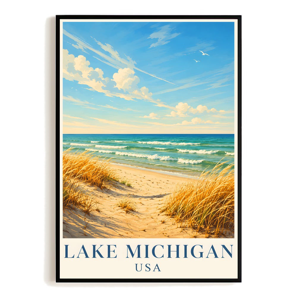 Lake Michigan Usa Vintage Travel Poster Natural Scenery Beach Landscape Wall Art Souvenir Print Painting For Home Living Room Office Bedroom Decor Unframed | siriusteestore