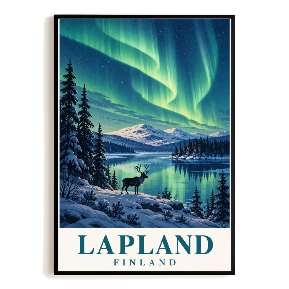 Lapland Finland Northern Lights Reindeer Travel Poster Vintage Arctic Winter Wall Art Print Nordic Landscape Decor For Home Living Room Office Bedroom Gift Unframed | siriusteestore