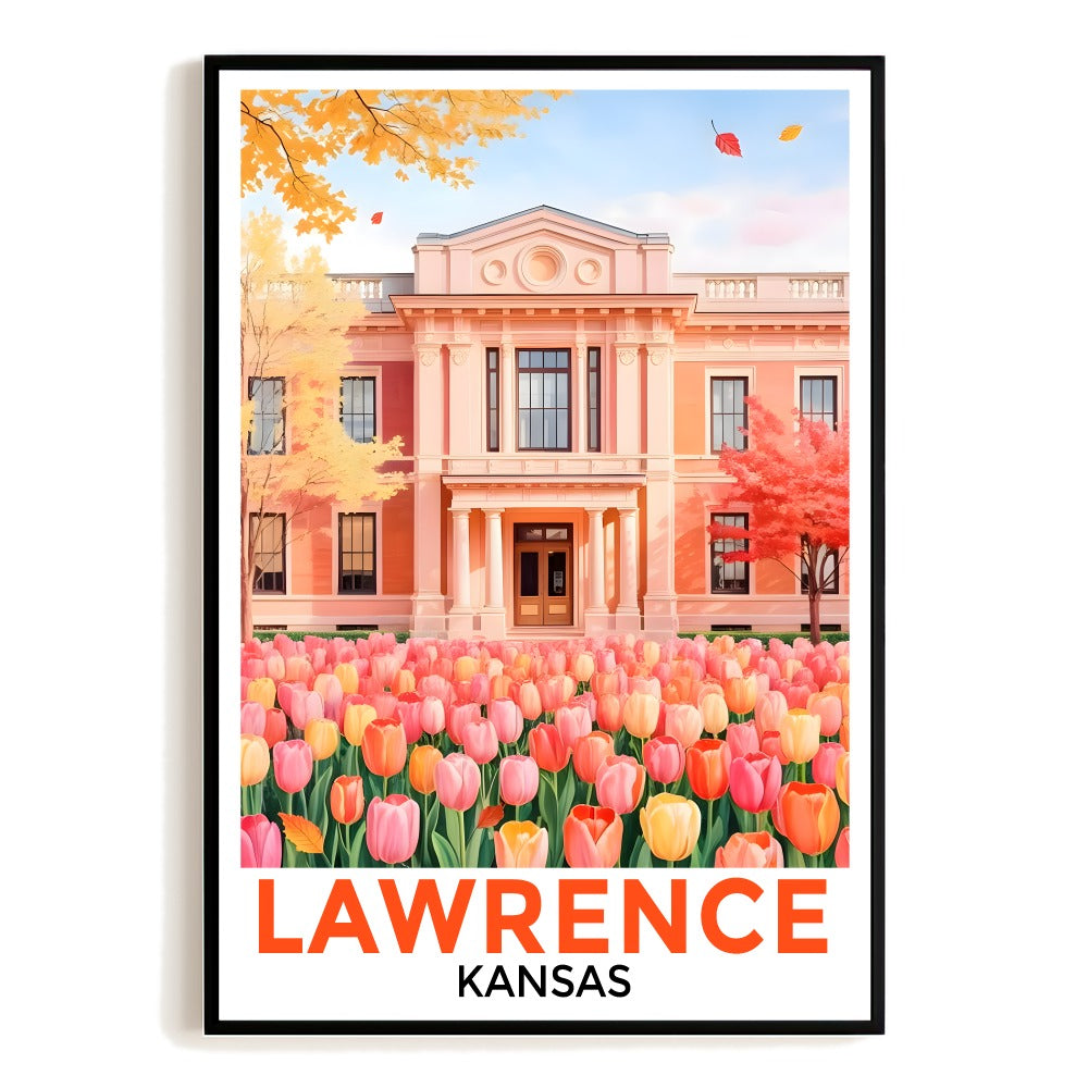 Lawrence Kansas Travel Poster Vibrant Tulip Fields Historic Building Wall Art Teal Pink Orange Watercolor Landscape Print For Home Office Dorm Student Gift Unframed | siriusteestore