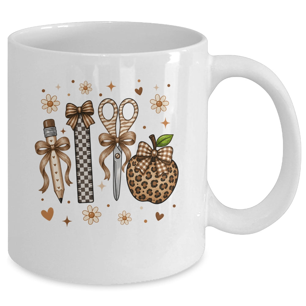 Leopard Teacher Apple School Checkered Pencil Coquette Bow Mug | siriusteestore