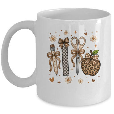 Leopard Teacher Apple School Checkered Pencil Coquette Bow Mug | siriusteestore