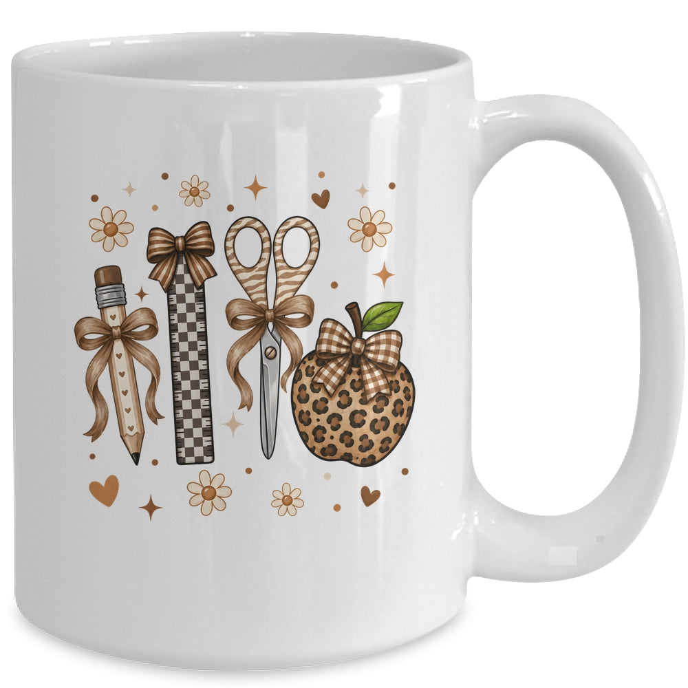Leopard Teacher Apple School Checkered Pencil Coquette Bow Mug | siriusteestore