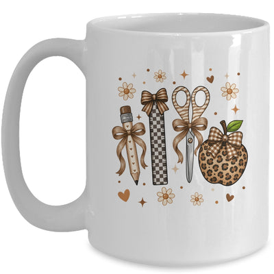 Leopard Teacher Apple School Checkered Pencil Coquette Bow Mug | siriusteestore