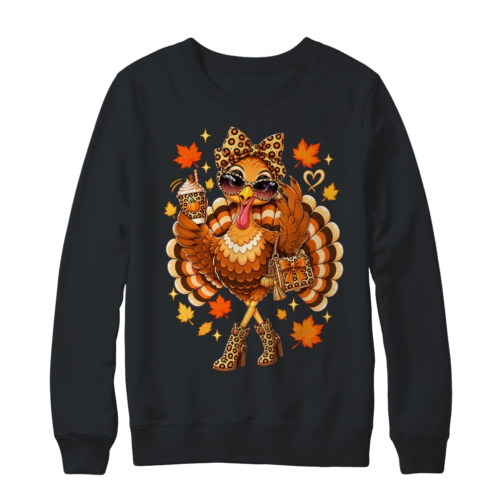 Leopard Turkey Drinking Coffee Women Thanksgiving Turkey Shirt & Sweatshirt | siriusteestore