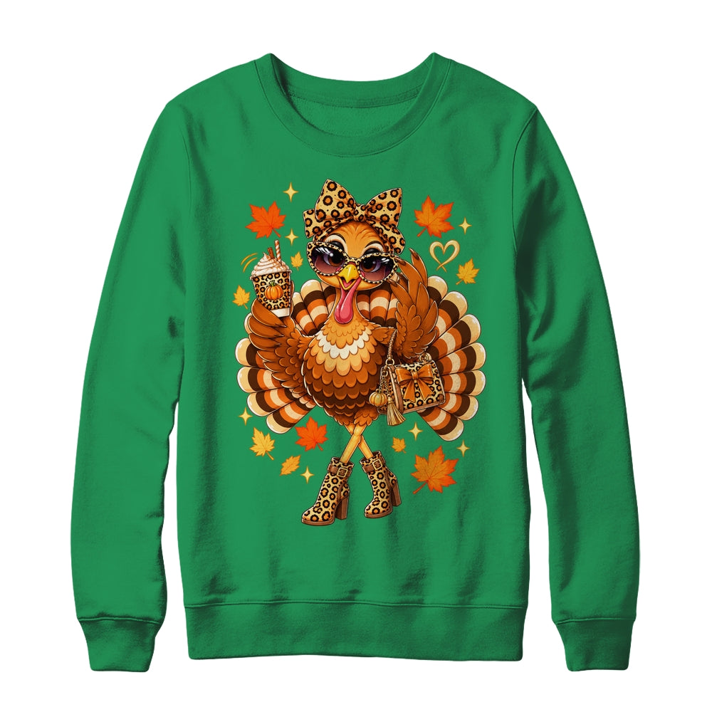 Leopard Turkey Drinking Coffee Women Thanksgiving Turkey Shirt & Sweatshirt | siriusteestore