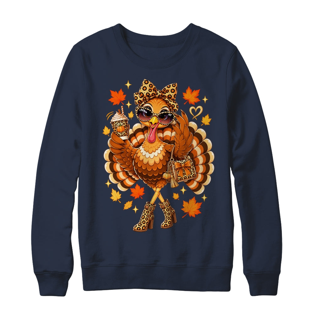 Leopard Turkey Drinking Coffee Women Thanksgiving Turkey Shirt & Sweatshirt | siriusteestore