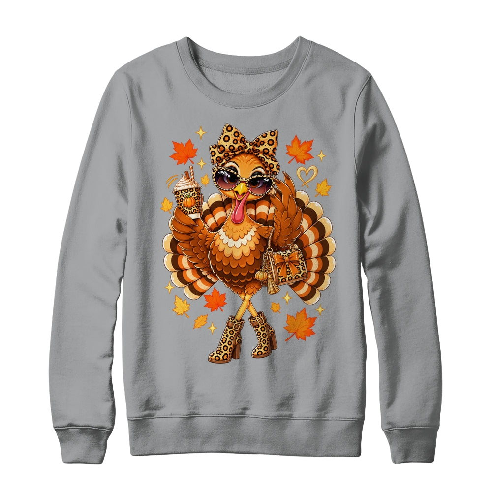 Leopard Turkey Drinking Coffee Women Thanksgiving Turkey Shirt & Sweatshirt | siriusteestore