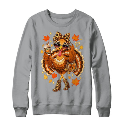 Leopard Turkey Drinking Coffee Women Thanksgiving Turkey Shirt & Sweatshirt | siriusteestore
