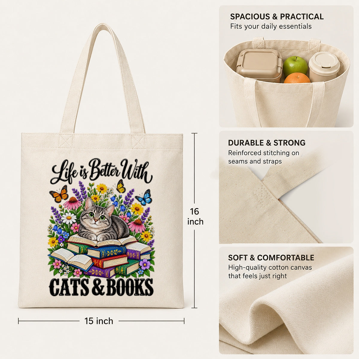 Life Is Better With Cats And Books Canvas Tote Bag Black Cat Reading Book Lover Gift For Women Floral Reusable Shopping Shoulder Bag Library Grocery Daily | siriusteestore