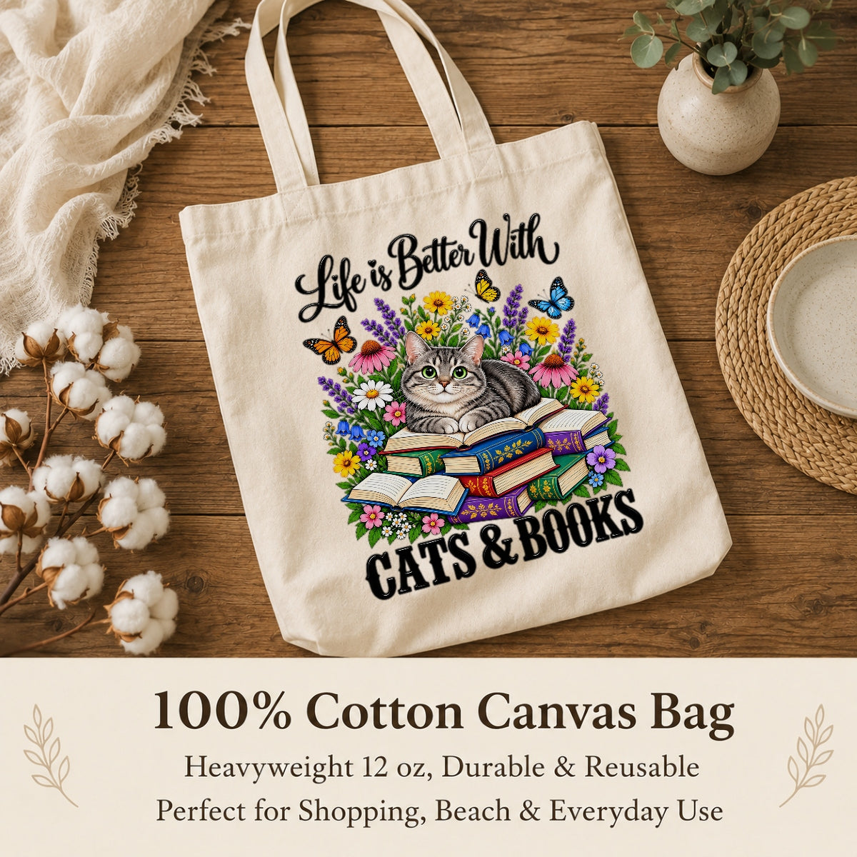 Life Is Better With Cats And Books Canvas Tote Bag Black Cat Reading Book Lover Gift For Women Floral Reusable Shopping Shoulder Bag Library Grocery Daily | siriusteestore