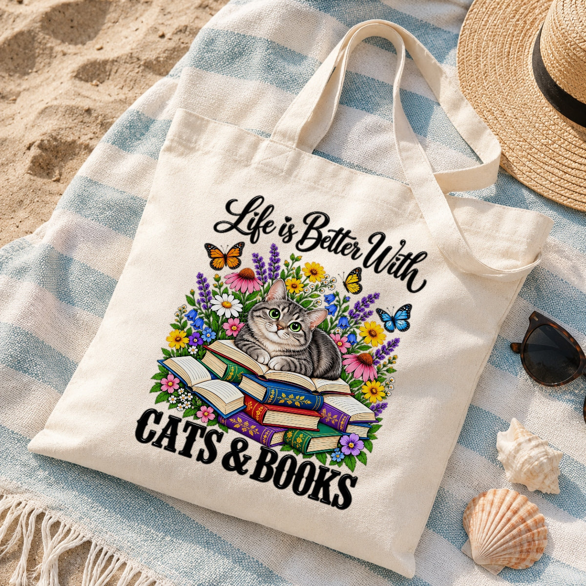 Life Is Better With Cats And Books Canvas Tote Bag Black Cat Reading Book Lover Gift For Women Floral Reusable Shopping Shoulder Bag Library Grocery Daily | siriusteestore
