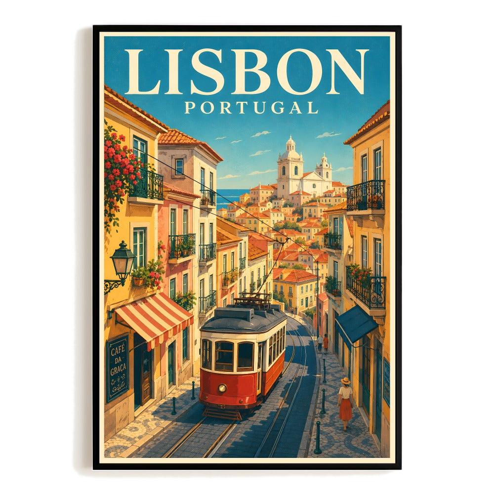 Lisbon Portugal Travel Poster Vintage Tram Cityscape Wall Art Decor Landscape Print Painting Picture Ideal For Home Living Room Office Bedroom Kitchen Decor Unframed | siriusteestore