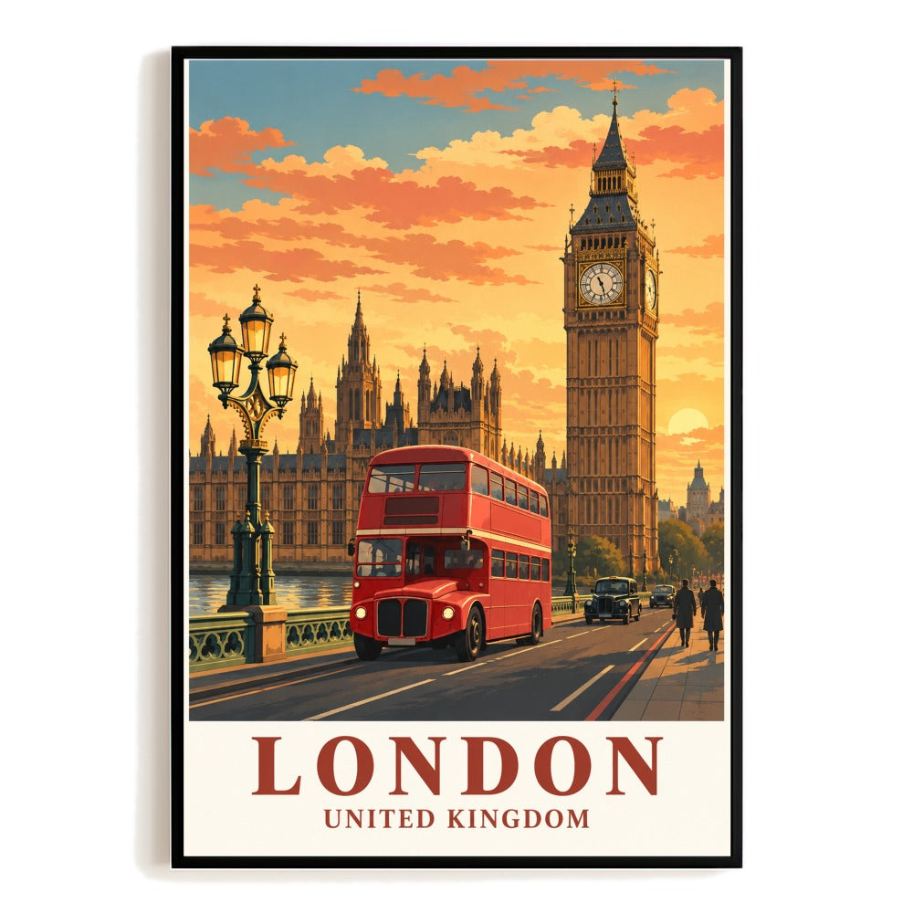 London England Big Ben Double Decker Bus Travel Poster Vintage British Landmark Wall Art Print Westminster Decor For Home Living Room Office Bedroom Gift Unframed | siriusteestore