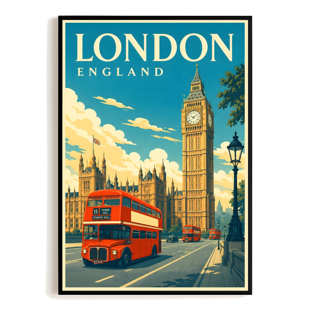 London England Travel Poster Big Ben Red Double Decker Bus Vintage Wall Art Retro Landscape Print Painting Picture For Home Living Room Office Bedroom Decor Unframed | siriusteestore