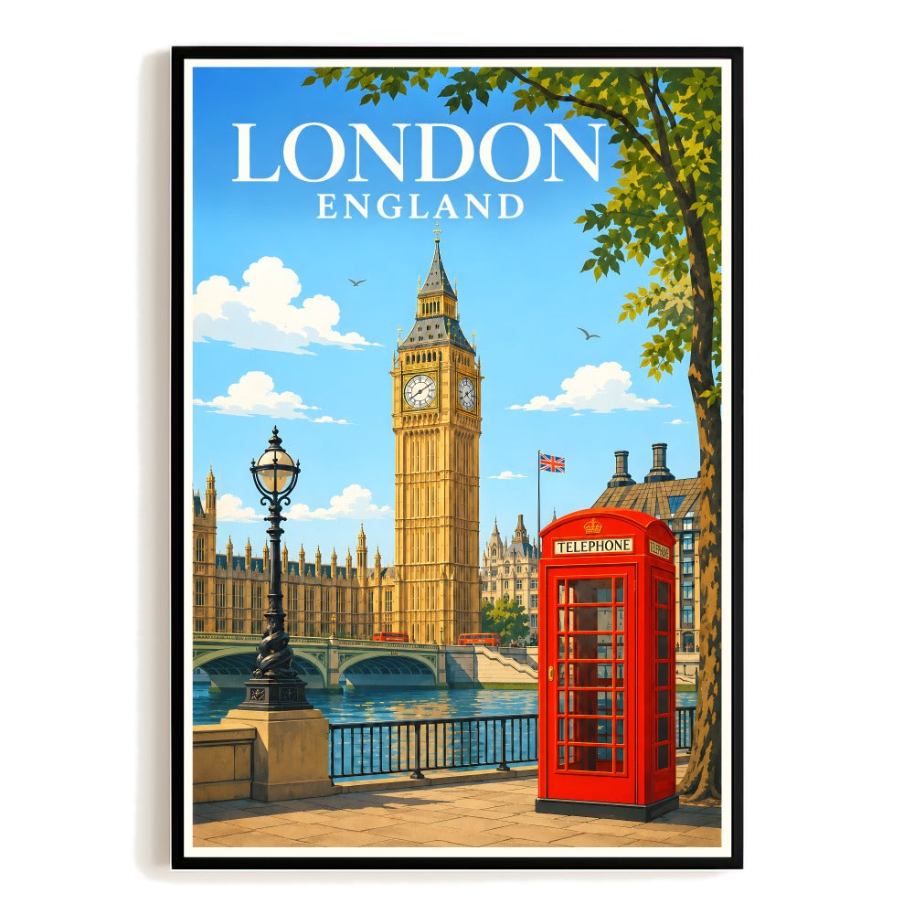 London England Travel Poster Big Ben Red Telephone Booth Vintage Wall Art Decor Landscape Print Painting Ideal For Home Living Room Office Bedroom Kitchen Unframed | siriusteestore