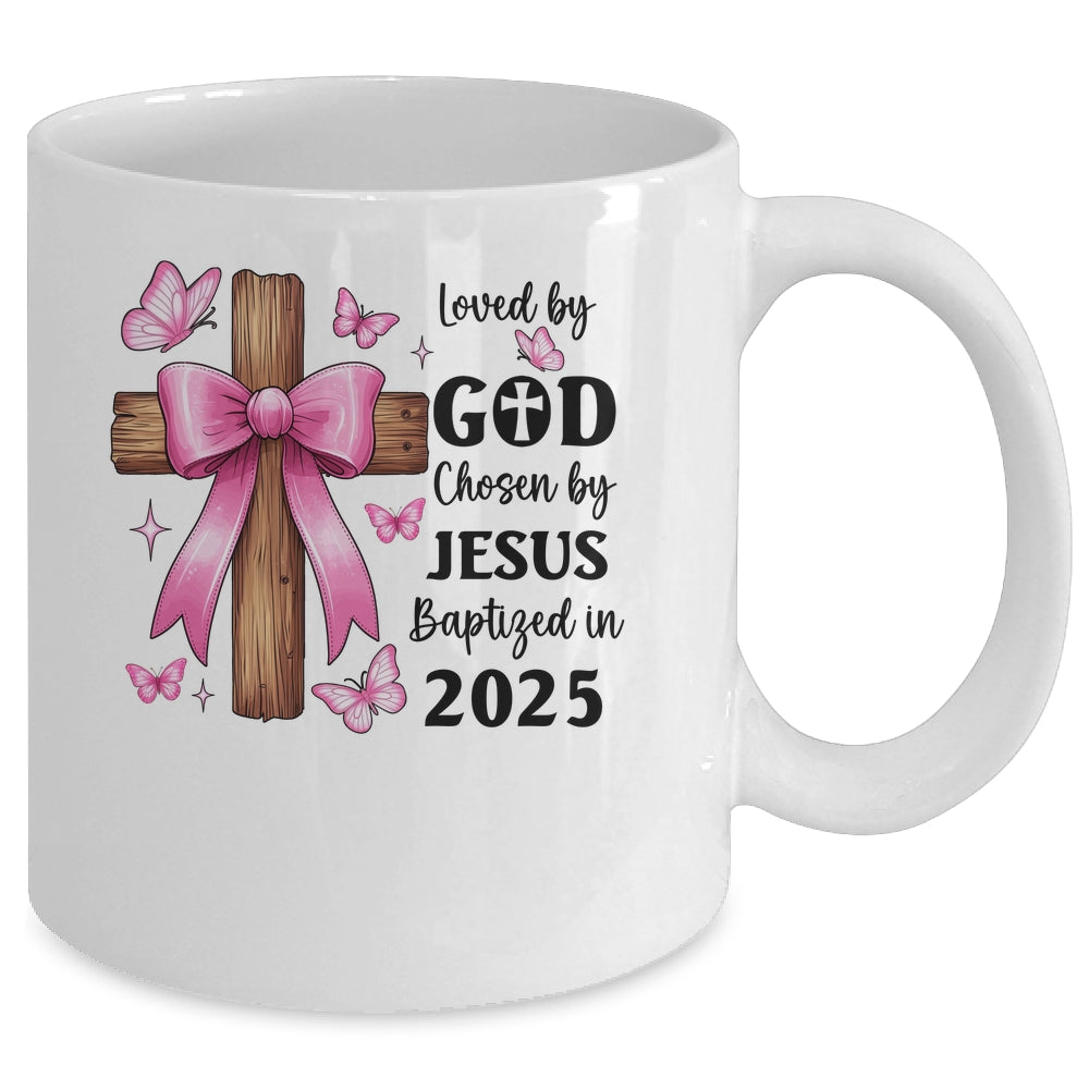 Loved By God Chosen By Jesus Baptized 2025 Coquette Cross Mug | siriusteestore