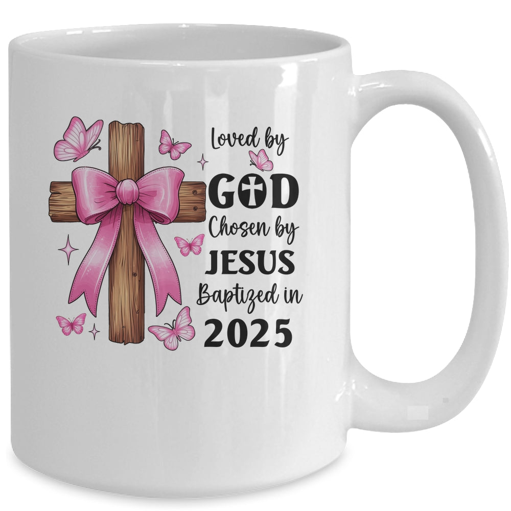 Loved By God Chosen By Jesus Baptized 2025 Coquette Cross Mug | siriusteestore