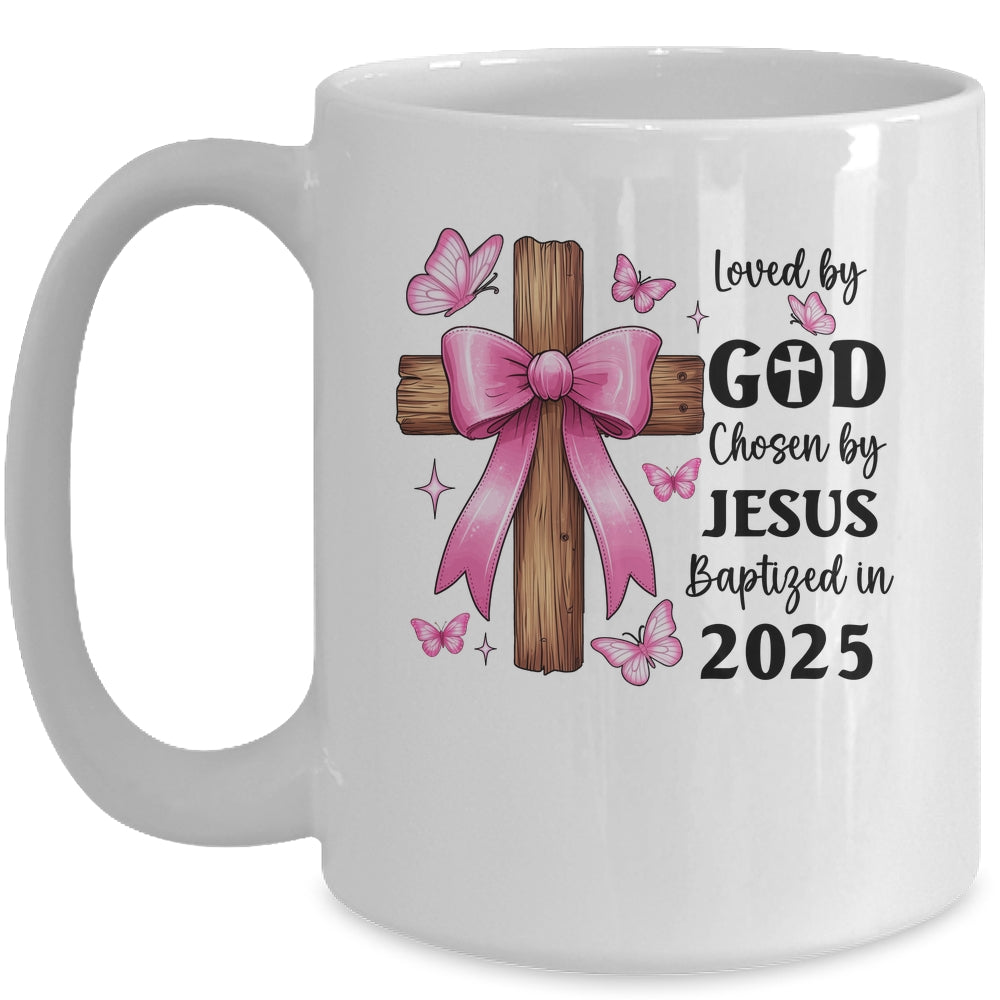 Loved By God Chosen By Jesus Baptized 2025 Coquette Cross Mug | siriusteestore