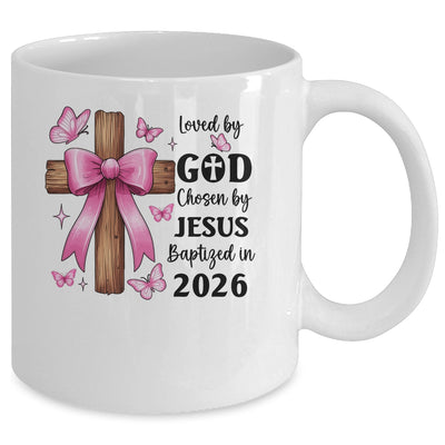 Loved By God Chosen By Jesus Baptized 2026 Coquette Cross Mug | siriusteestore