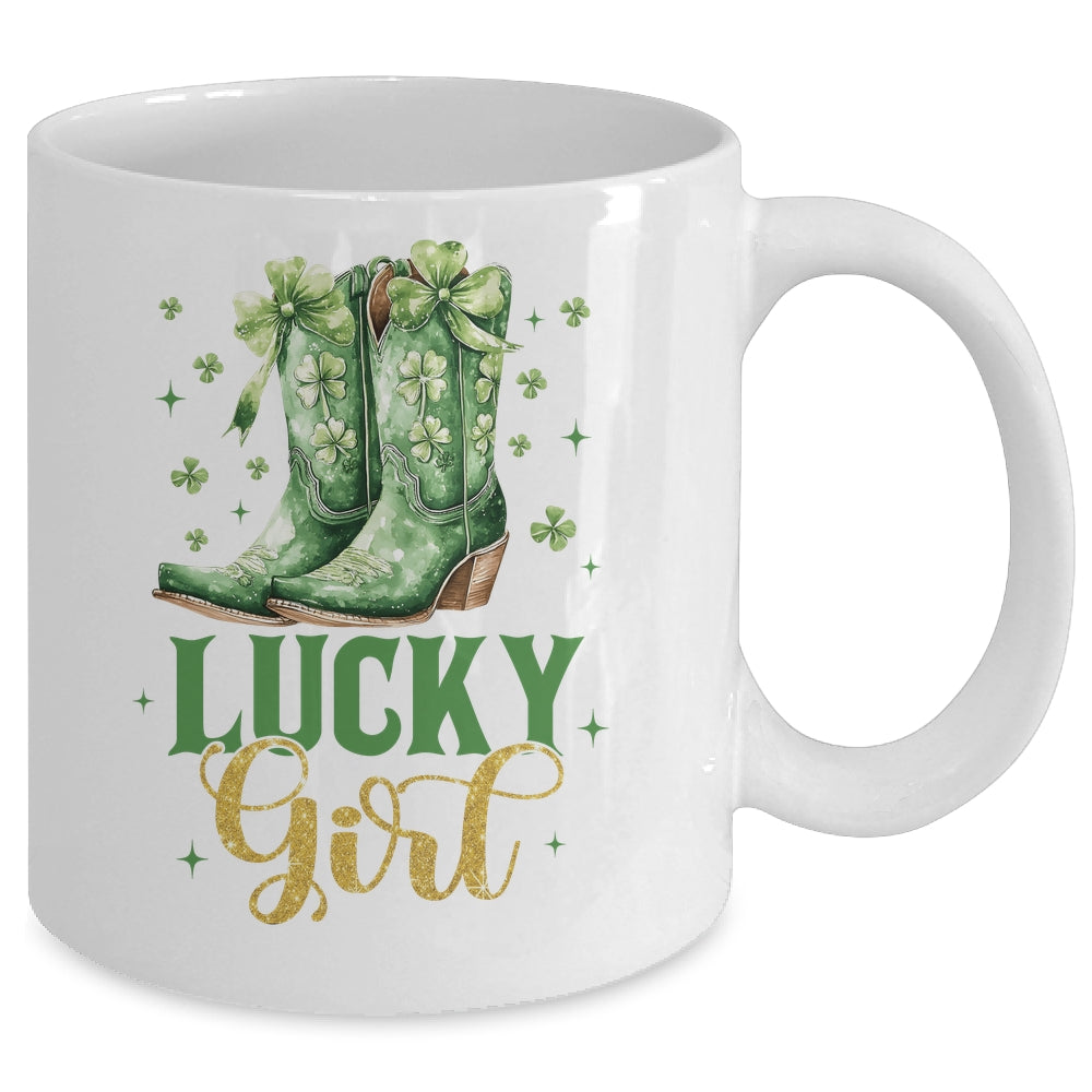 Lucky Girl St Patrick's Day Cowboy Boots Green Shamrock Bow Mug | siriusteestore