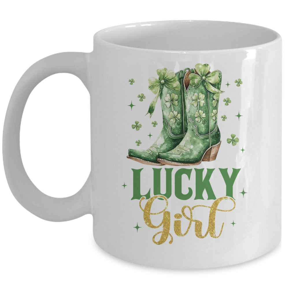 Lucky Girl St Patrick's Day Cowboy Boots Green Shamrock Bow Mug | siriusteestore