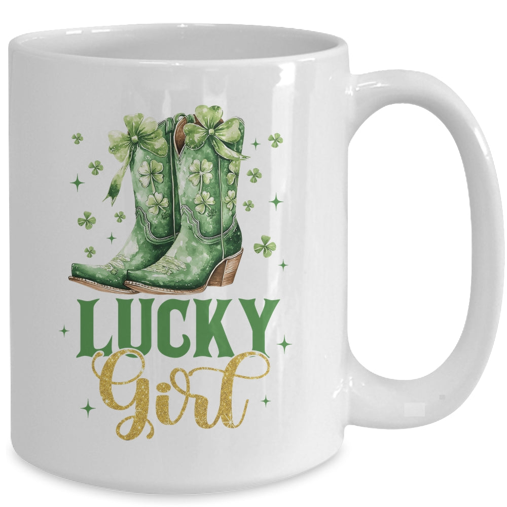 Lucky Girl St Patrick's Day Cowboy Boots Green Shamrock Bow Mug | siriusteestore