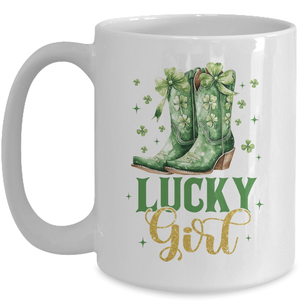 Lucky Girl St Patrick's Day Cowboy Boots Green Shamrock Bow Mug | siriusteestore