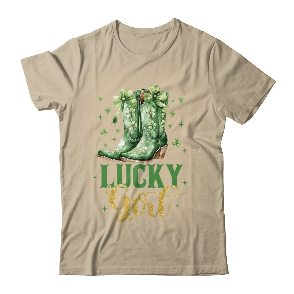 Lucky Girl St Patrick's Day Cowboy Boots Green Shamrock Bow Shirt & Tank Top | siriusteestore