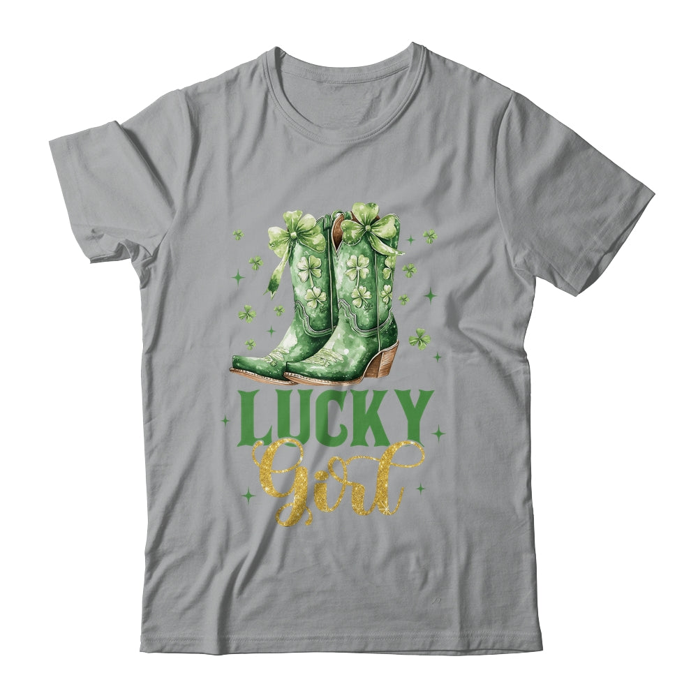 Lucky Girl St Patrick's Day Cowboy Boots Green Shamrock Bow Shirt & Tank Top | siriusteestore
