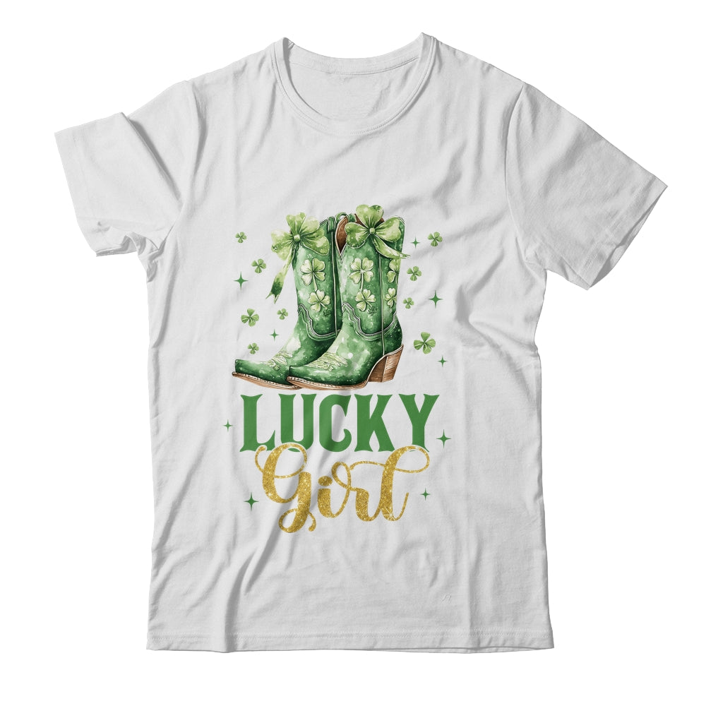 Lucky Girl St Patrick's Day Cowboy Boots Green Shamrock Bow Shirt & Tank Top | siriusteestore