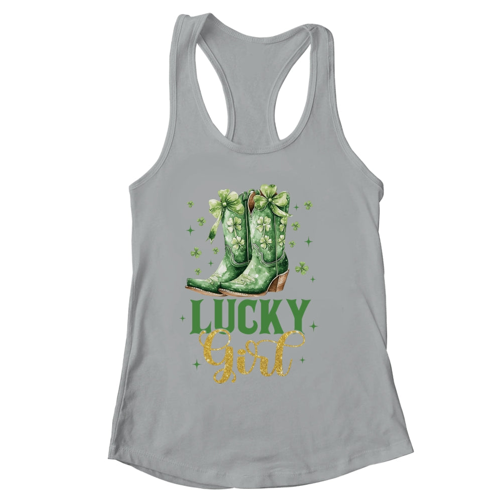 Lucky Girl St Patrick's Day Cowboy Boots Green Shamrock Bow Shirt & Tank Top | siriusteestore
