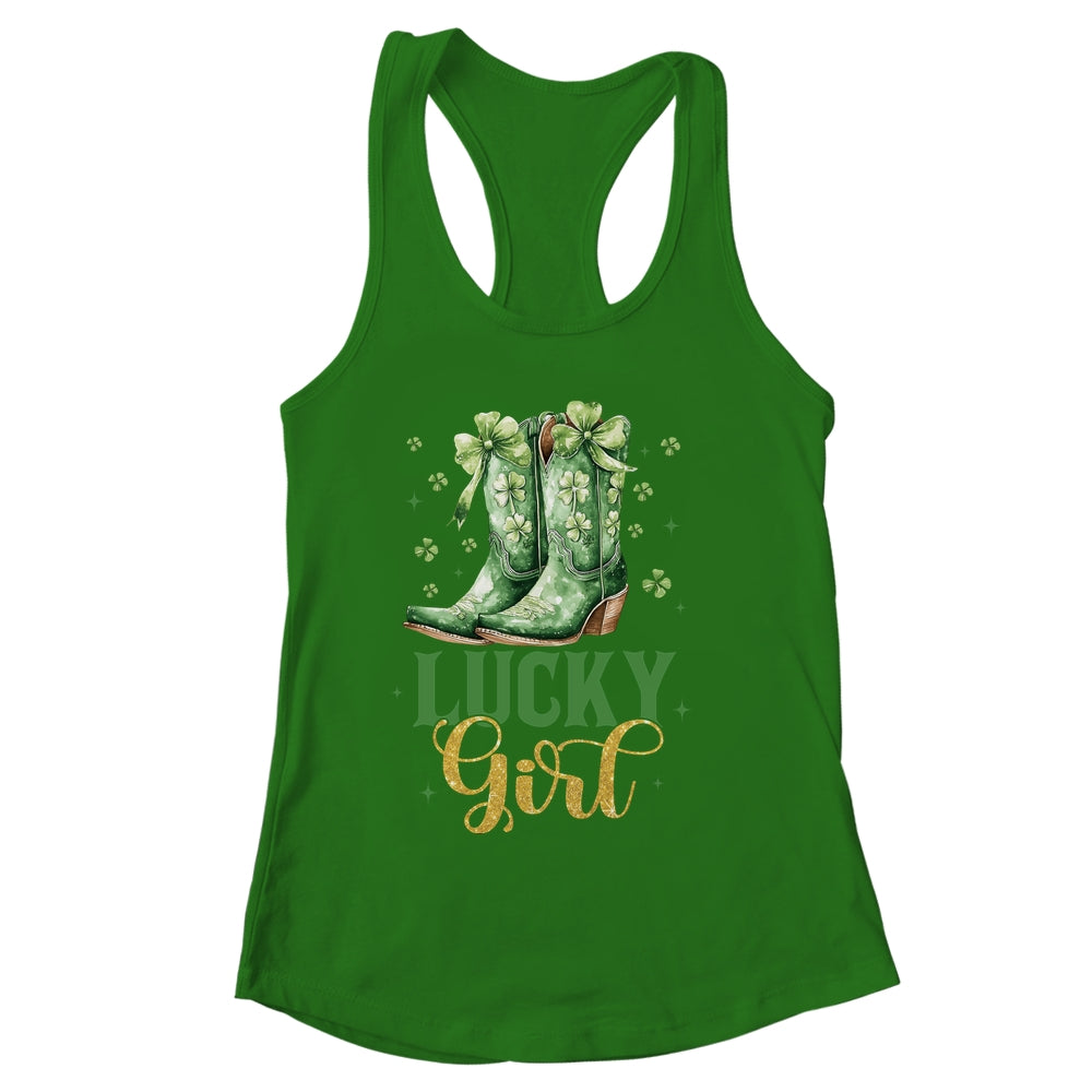 Lucky Girl St Patrick's Day Cowboy Boots Green Shamrock Bow Shirt & Tank Top | siriusteestore