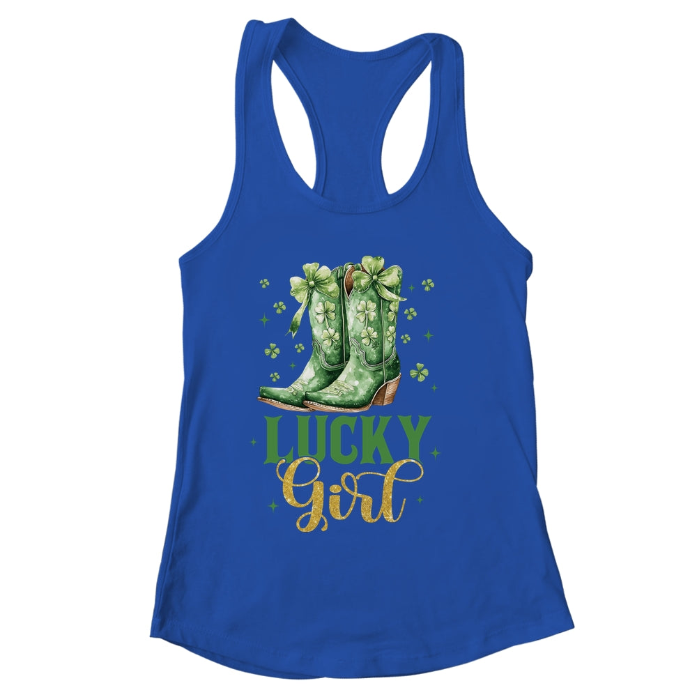 Lucky Girl St Patrick's Day Cowboy Boots Green Shamrock Bow Shirt & Tank Top | siriusteestore