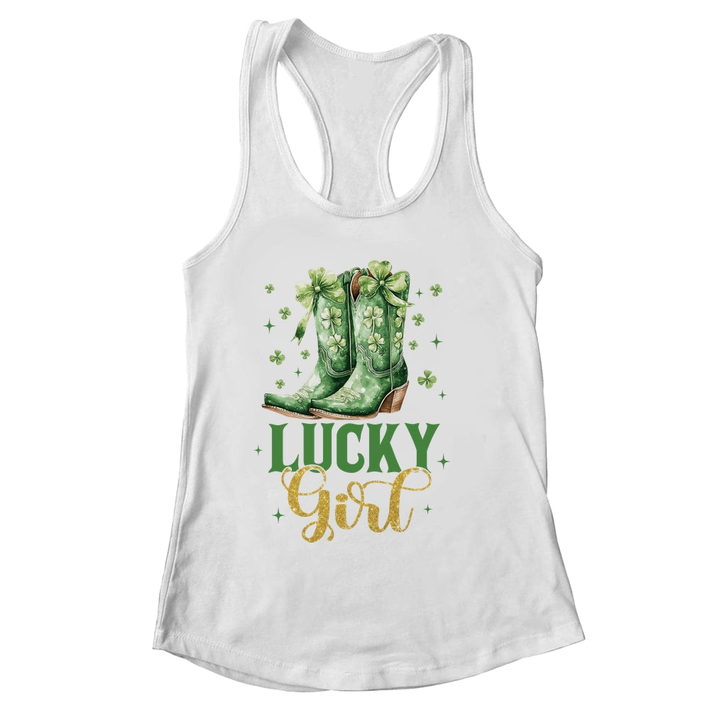 Lucky Girl St Patrick's Day Cowboy Boots Green Shamrock Bow Shirt & Tank Top | siriusteestore
