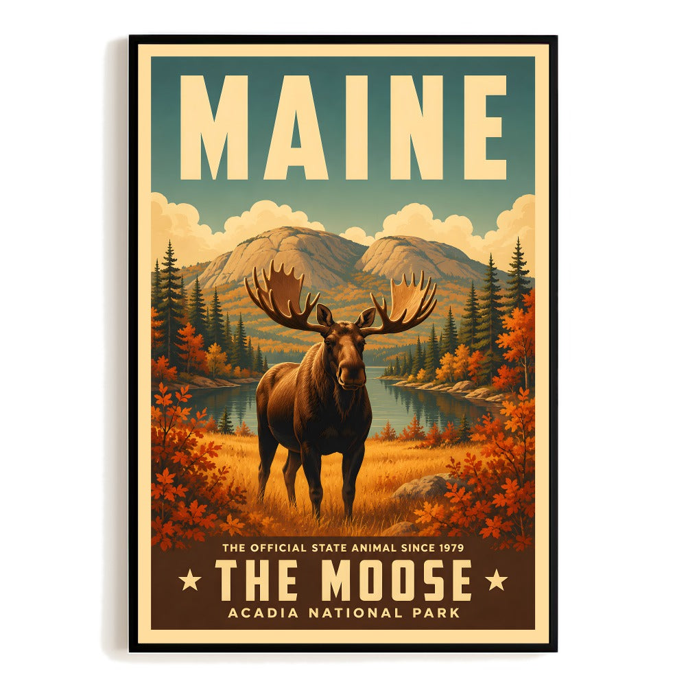 Maine Moose Vintage Travel Poster Acadia National Park Souvenir Retro Landscape Wall Art Print For Home Living Room Office Bedroom Dorm Decor Unframed | siriusteestore