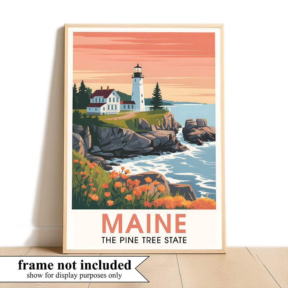 Maine Print Travel Poster Nature Pine Tree State Souvenir Wall Art Landscape Painting Picture Suitable For Home Room Living Room Office Bedroom Decor Unframed | siriusteestore
