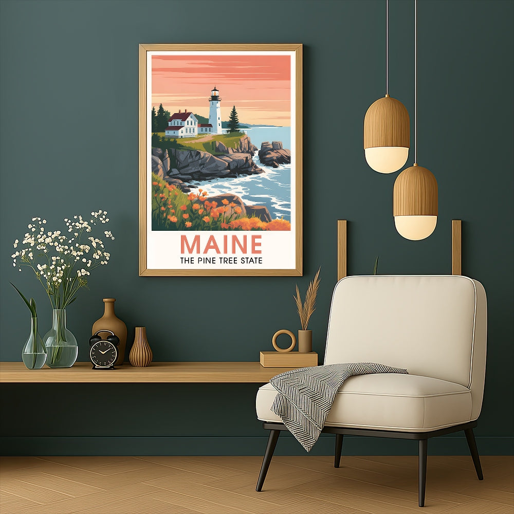 Maine Print Travel Poster Nature Pine Tree State Souvenir Wall Art Landscape Painting Picture Suitable For Home Room Living Room Office Bedroom Decor Unframed | siriusteestore