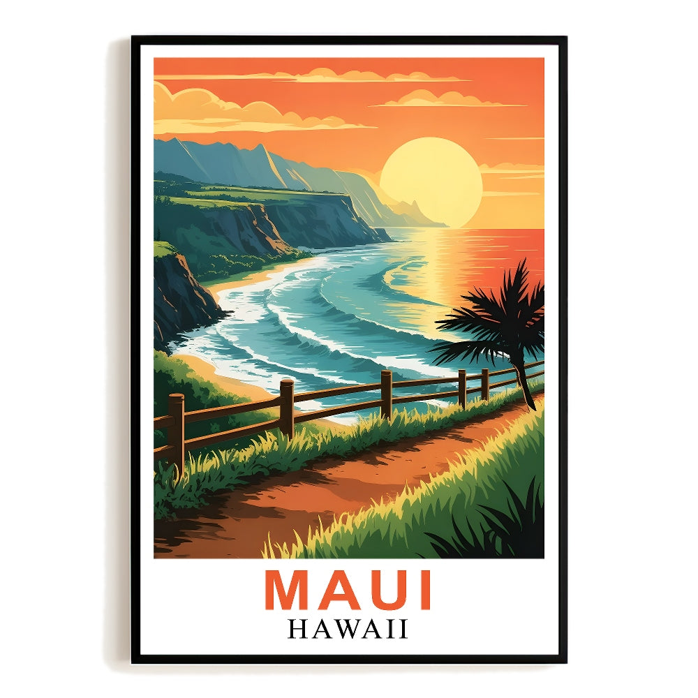 Maui Hawaii Sunset Coastal View Poster Vintage Travel Scenic Tropical Beach Art Print Landscape Painting Ideal For Home Decor Living Room Office Bedroom Decor Unframed | siriusteestore