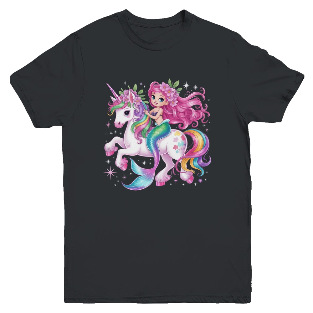 Mermaid Riding A Unicorn Girls Women Kids Adults Rainbow Youth Shirt | siriusteestore