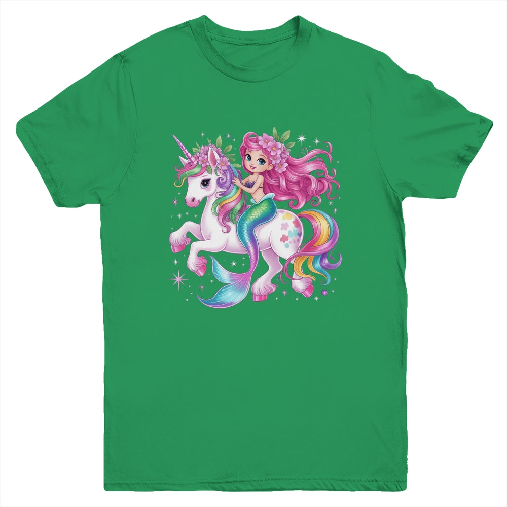 Mermaid Riding A Unicorn Girls Women Kids Adults Rainbow Youth Shirt | siriusteestore