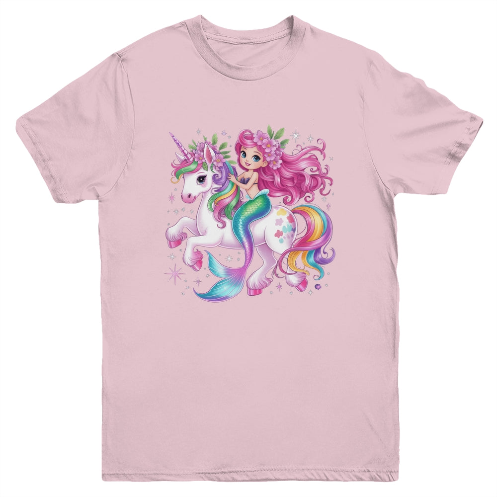 Mermaid Riding A Unicorn Girls Women Kids Adults Rainbow Youth Shirt | siriusteestore