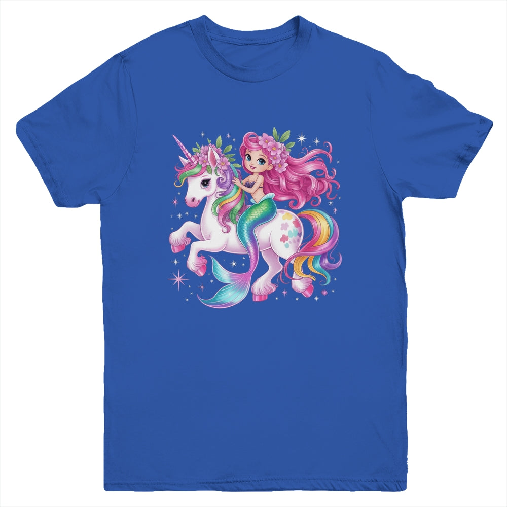 Mermaid Riding A Unicorn Girls Women Kids Adults Rainbow Youth Shirt | siriusteestore